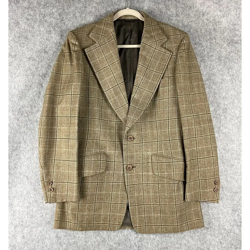 Vintage Hardy Amies Blazer Sport Coat Mens 40R Tan Plaid Wide Lapel Academia